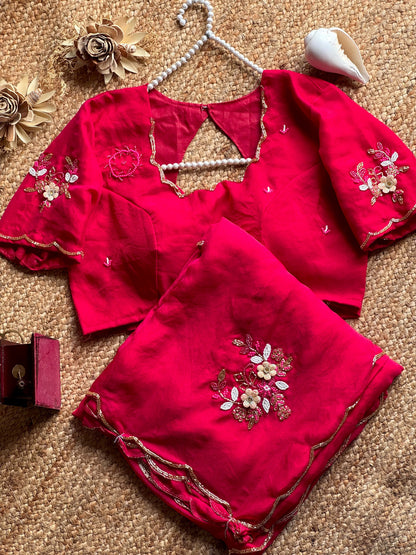 Sinderella handwork chiffon saree with stitched blouses