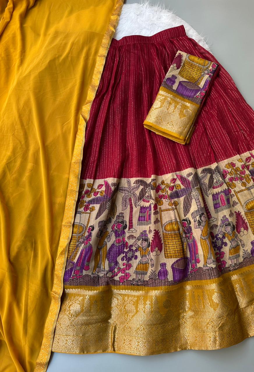 Kalmkari Printed  Chanderi Unstitched Lehenagas