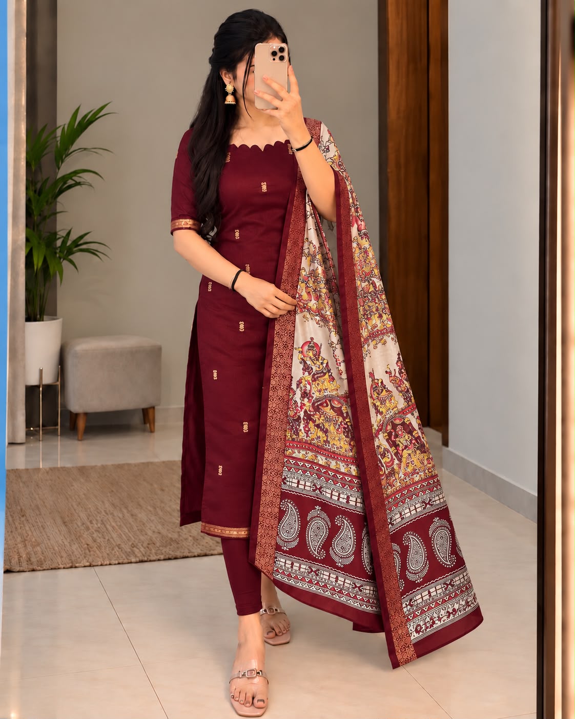 Mangalagiri Butta Silk cotton Top with Chennuri Silk Kalamkari Dupatta kurti sets