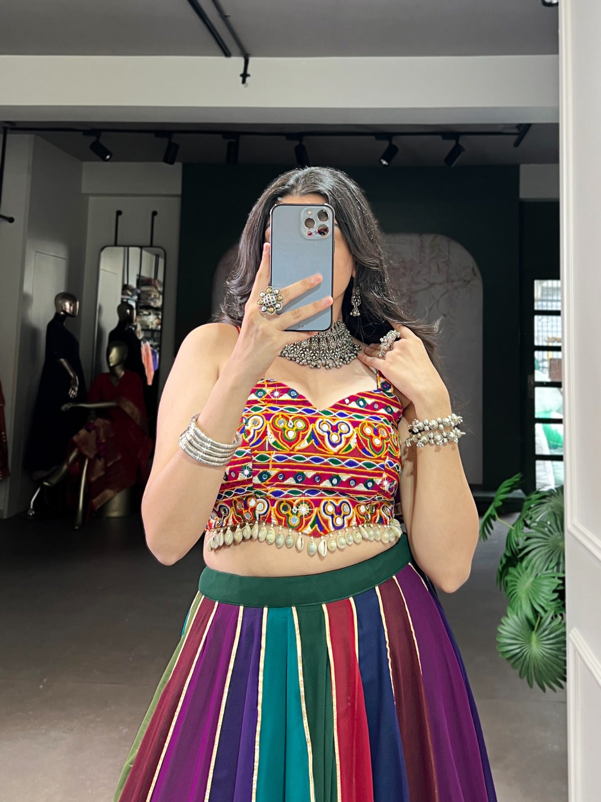 stunning lehenga choli features real mirror Gamthi work