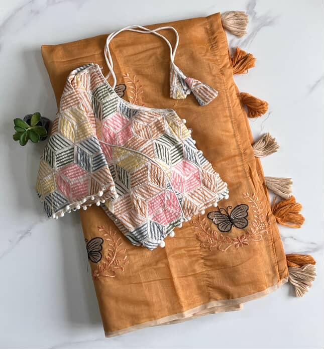 Butterfly work with
Chanderi Saree with stitched Blouse