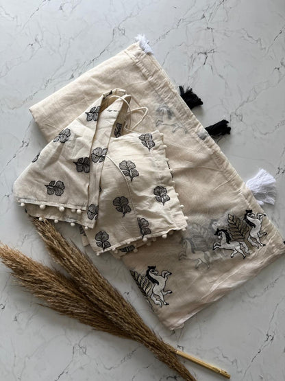 Chanderi Cotton Saree With Multy Thread Cow, Horse Work And Cotton Tussles with stitched blouse