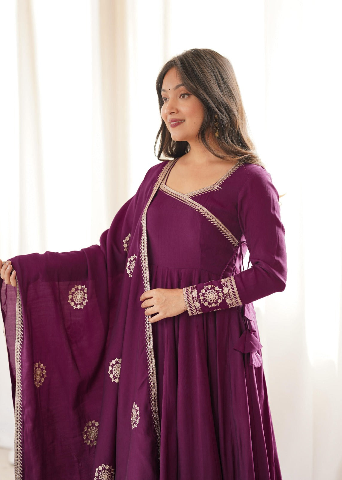 Pure Roman Chanderi Silk Fabric Fully Flare Angrakha Style Anarkali