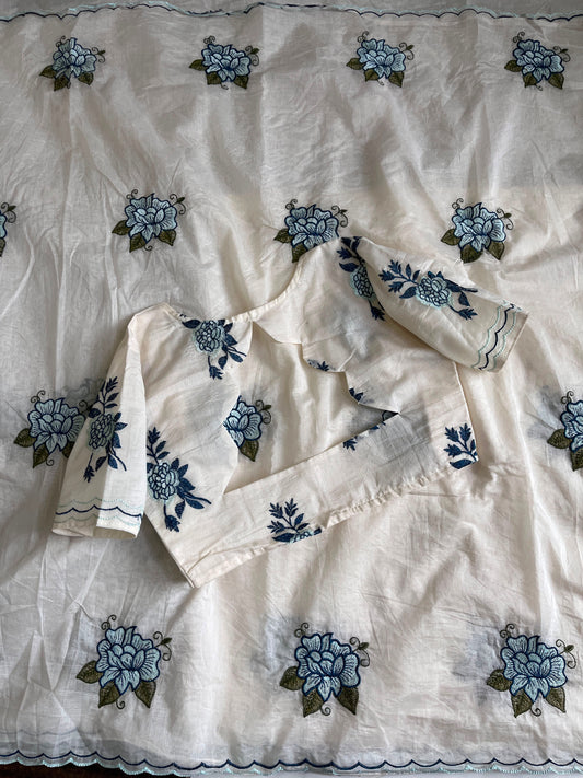 Mul Mul Cotton Saree with embroidery with stitched blouse
