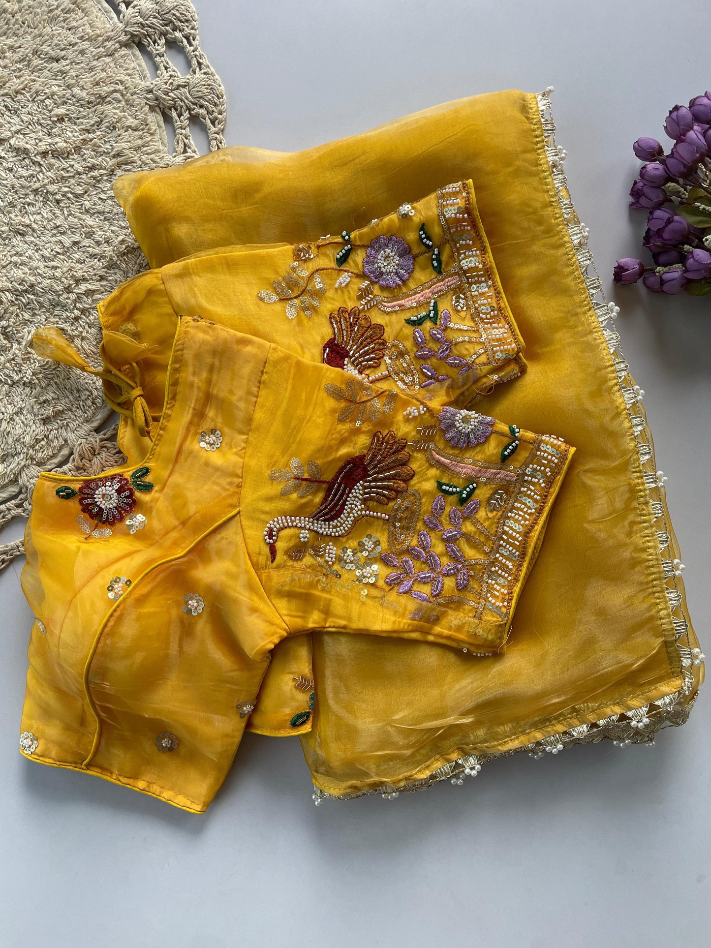 Liquid organza hand work  saree with stitched blouse