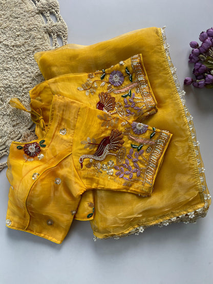 Liquid organza hand work  saree with stitched blouse