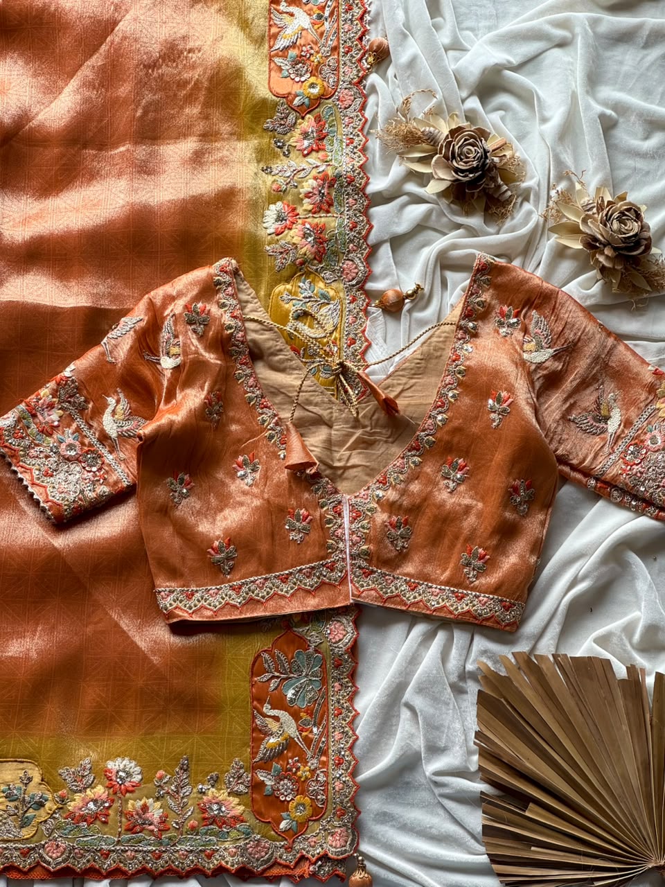 Luxe Dola silk coding work geruva saree with stitched blouse