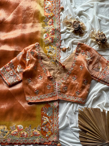 Luxe Dola silk coding work geruva saree with stitched blouse