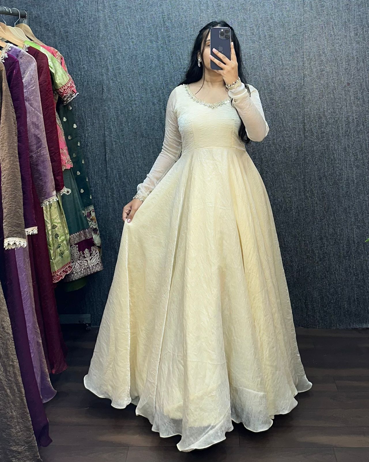 Fendy silk crush mirror lace gowns