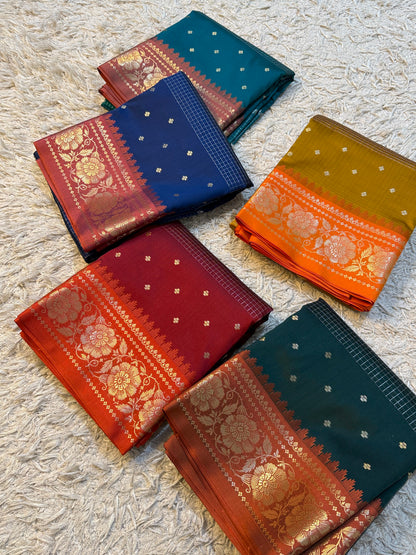 Handloom Banarasi katan soft checks booti saree