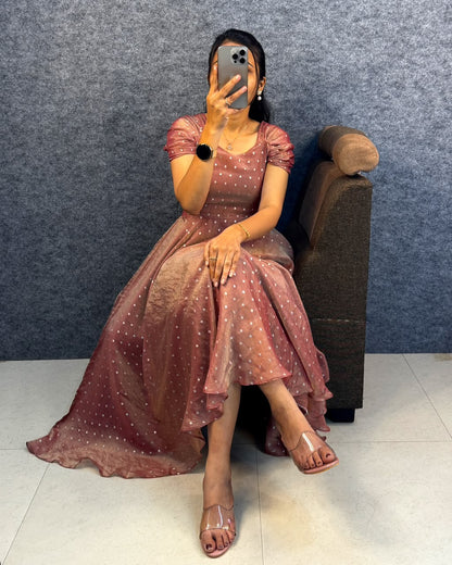 Designer princess party wear tissue butti midi gown