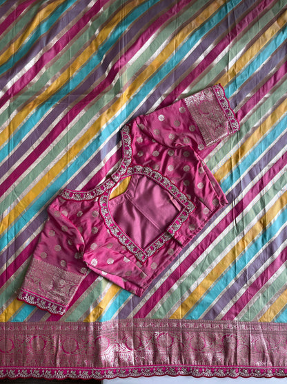 Banarasi pattu saree with lehariya stiched blouse