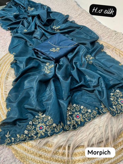 Trendy Soft shine hand work zardosi sarees