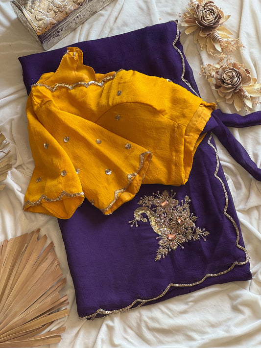Rangoli purple yellow crush saree with stitched blouse