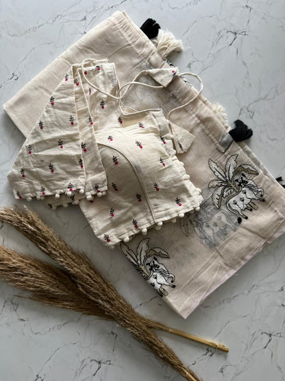 Chanderi Cotton Saree With Multy Thread Cow, Horse Work And Cotton Tussles with stitched blouse