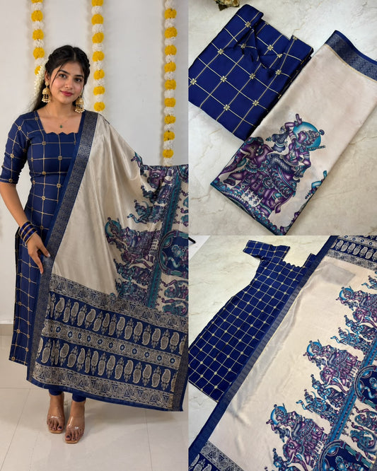 Traditional Check Weaving Kurti + Kalamkari Dupatta