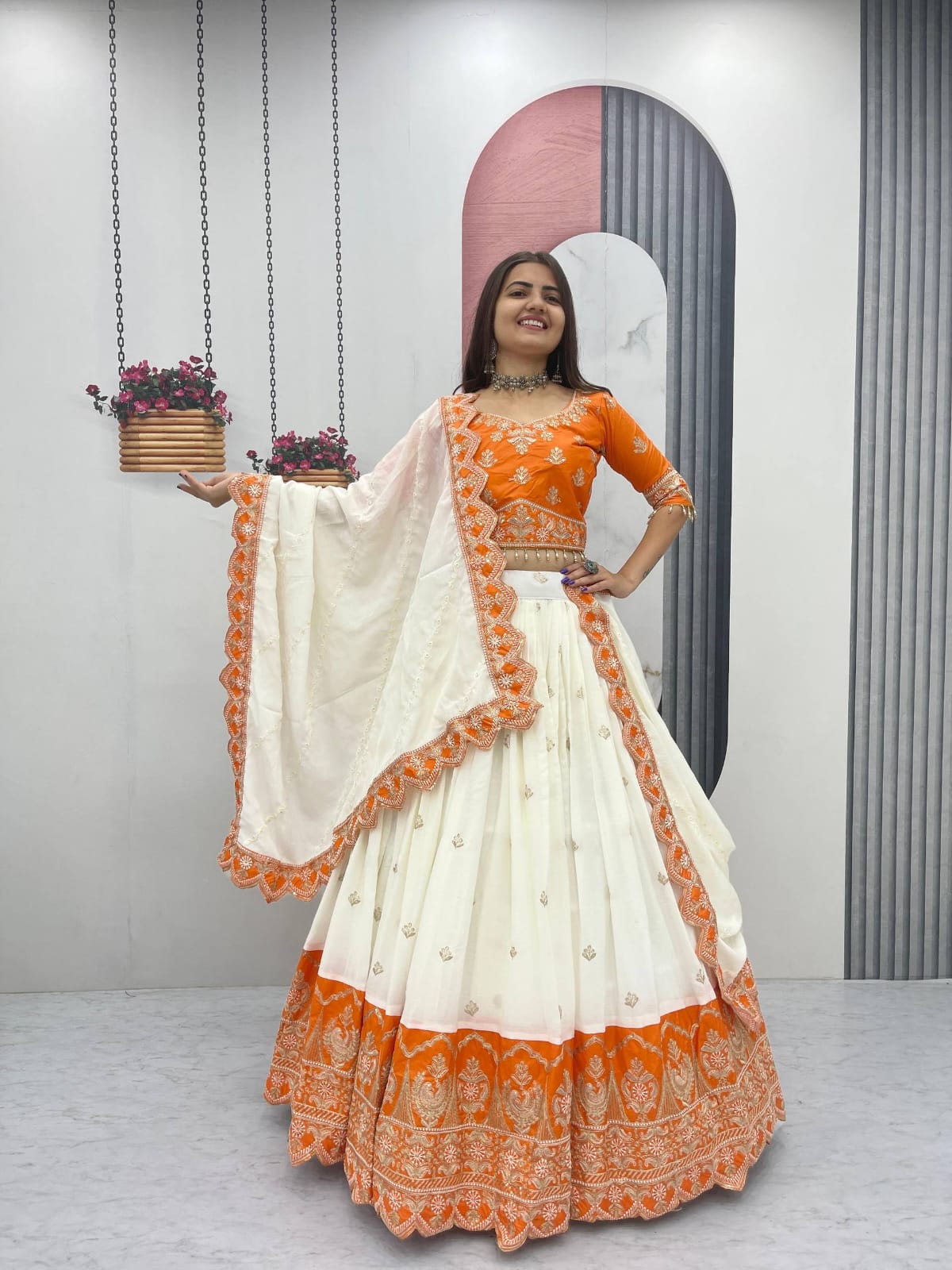 Chinon Embroidery glamour orange lehenga