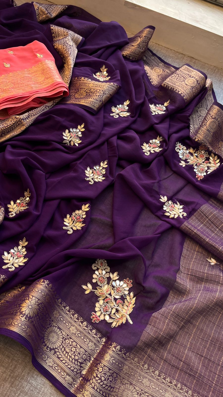 Hand work saree with contrast blouse