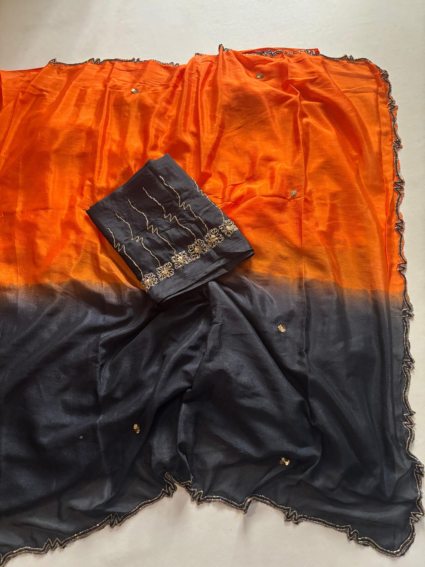 Trendy dyeing Chinon two shades with 3 layers curdana sarees