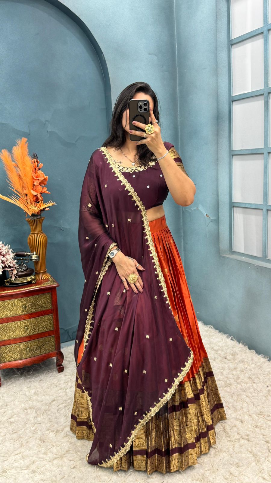 Kanchipuram Orange Trendy Aesthetic Designer Lehenga