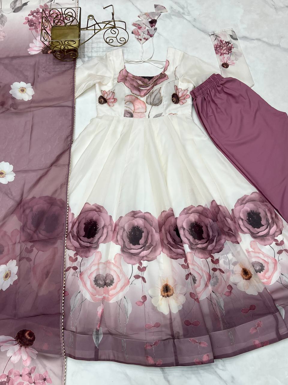 Floral printed Organza Anarkali Suit set