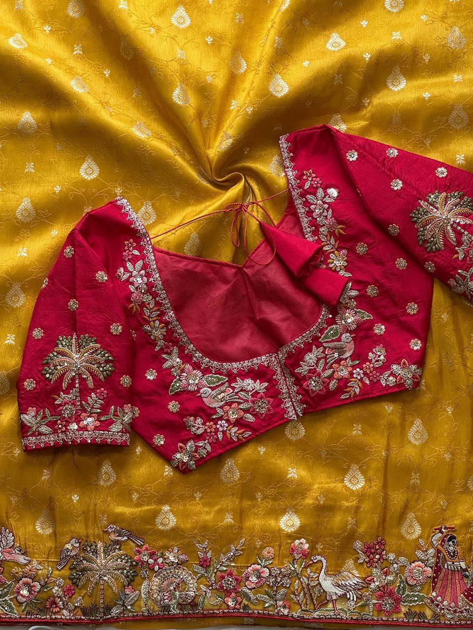 Luxe Dola Silk coding  work Multi
Saree with stitched blouse