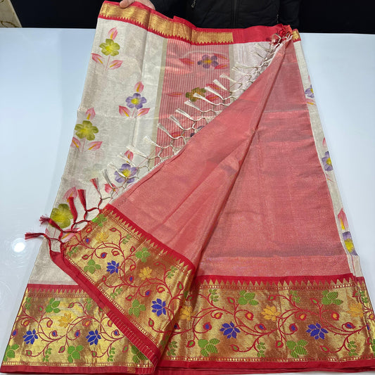 Semi pattu soft tissue weaving Paithani hand painted saree
