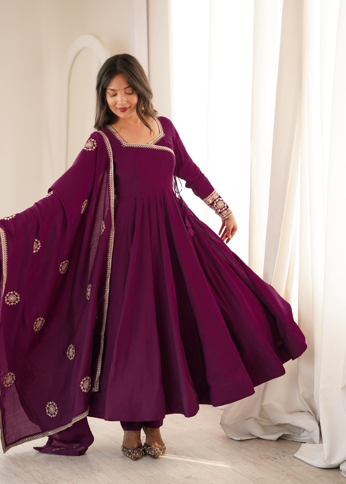 Pure Roman Chanderi Silk Fabric Fully Flare Angrakha Style Anarkali