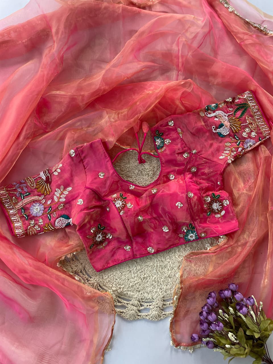Liquid organza hand work  saree with stitched blouse
