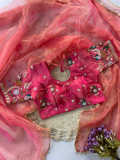 Liquid organza hand work  saree with stitched blouse