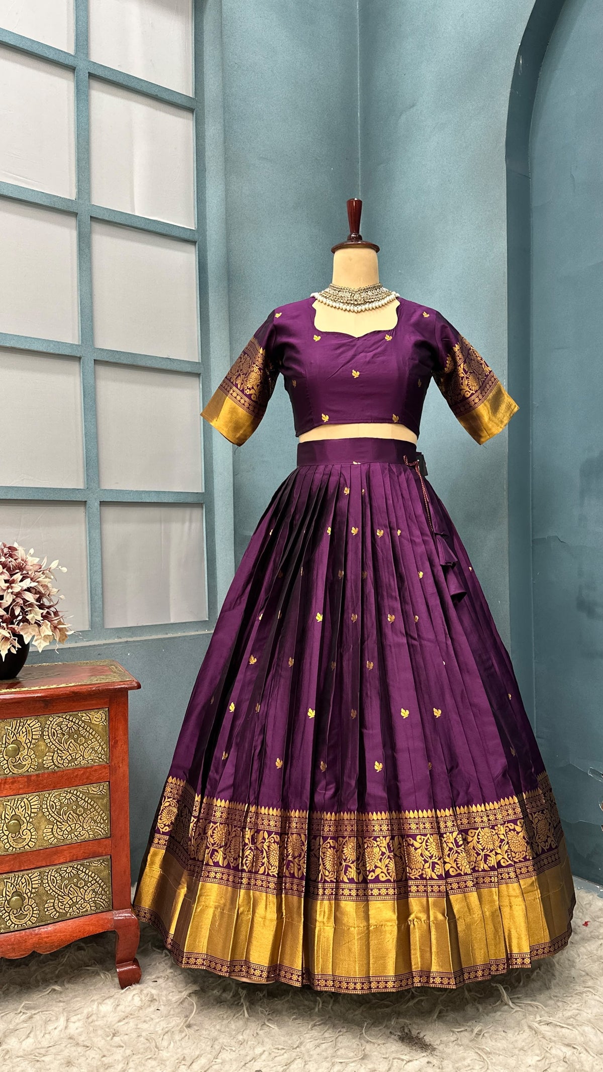 Kanchipattu  silk full stitched Lehenga blooming rangoli designer lehenga