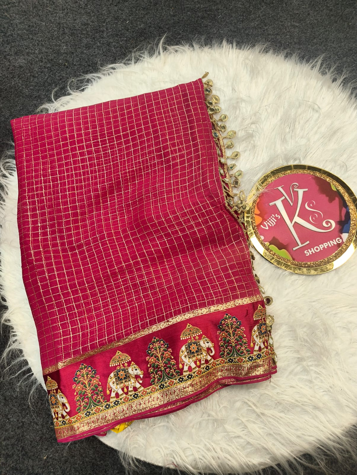 Budget viscose check with satin border golden zari white elephant saree