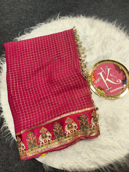 Budget viscose check with satin border golden zari white elephant saree