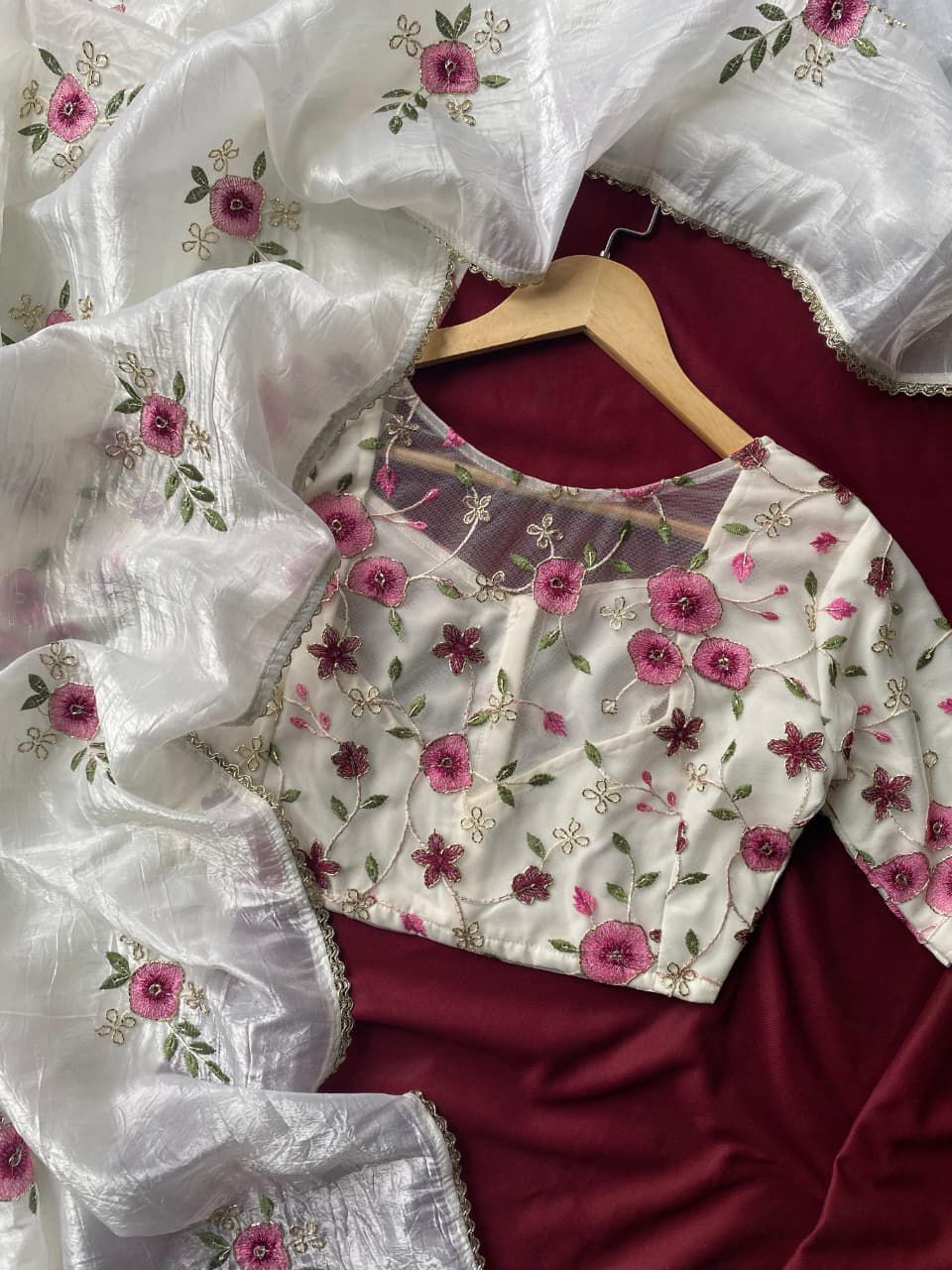 Crushed saree embroidery handwork with stitched blouse