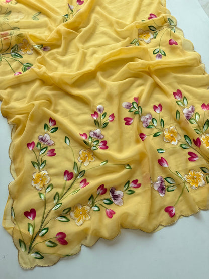 Budget chiffon Handpaint with heavy hand work saree
