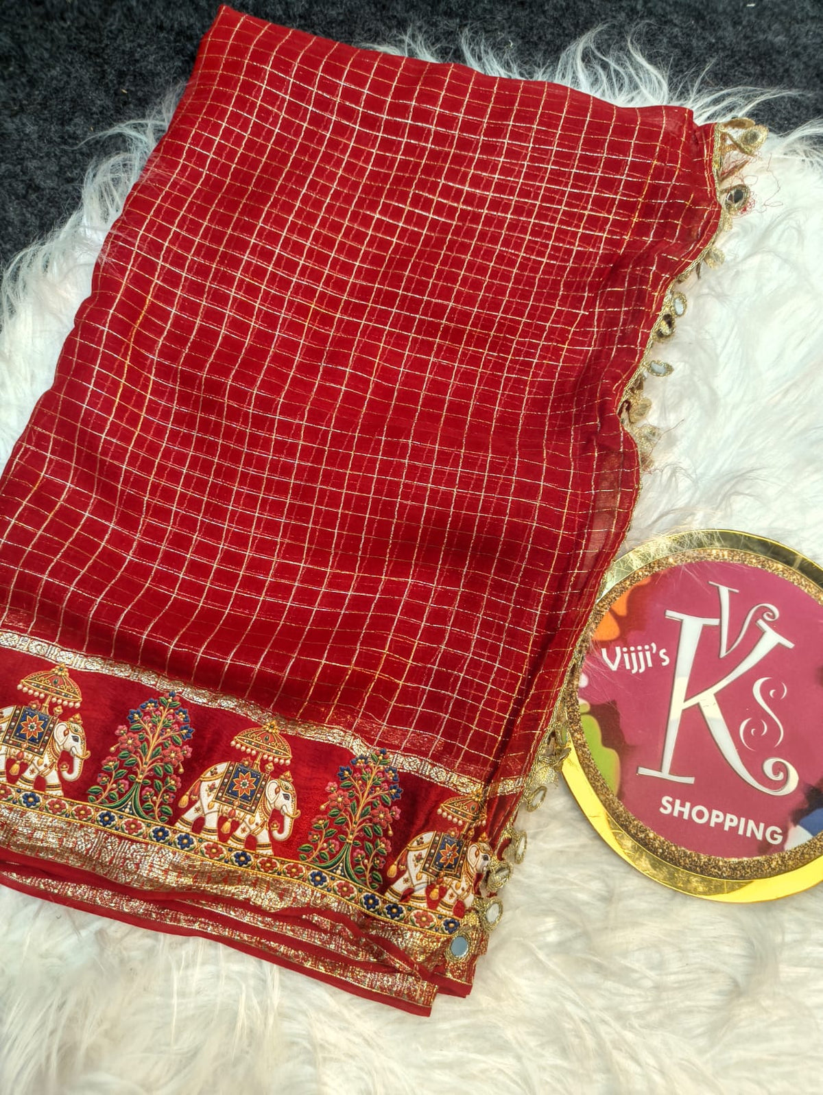 Budget viscose check with satin border golden zari white elephant saree