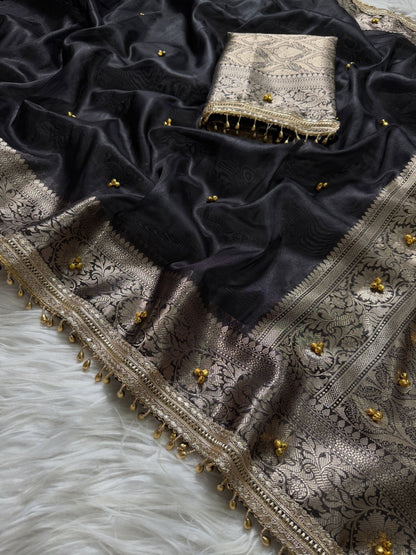 Banarasi Tissue Zari Weaving Border Saree  ghungroo work