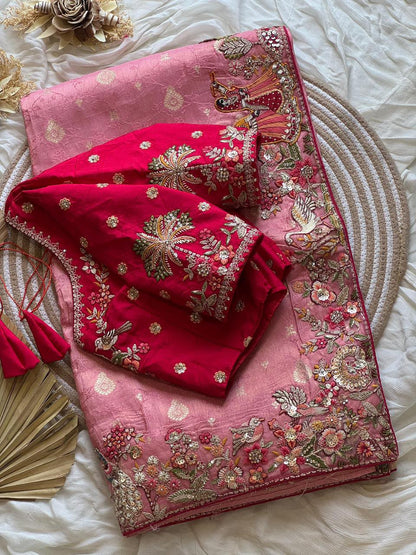 Luxe Dola Silk coding  work Multi
Saree with stitched blouse