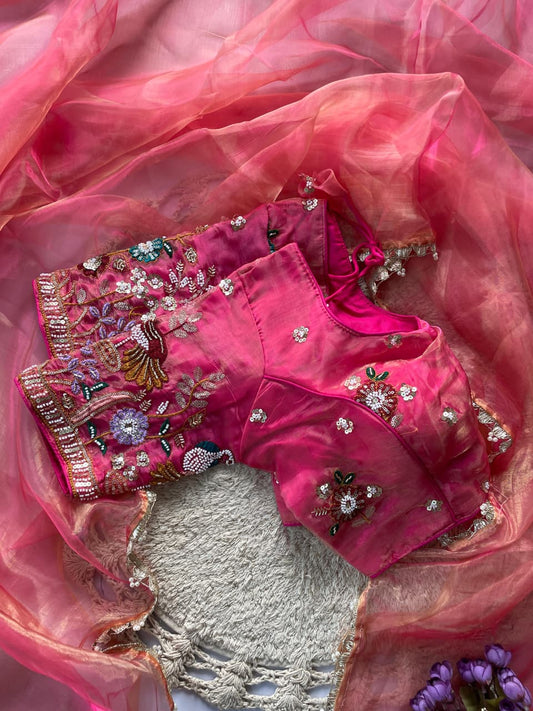 Liquid organza hand work  saree with stitched blouse