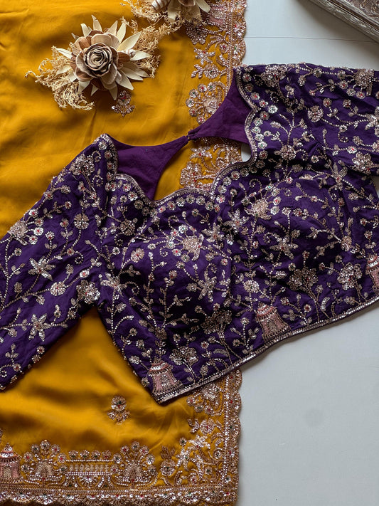 Cocktail handwork luxe gold finish sarees with Cutdana sequence work
