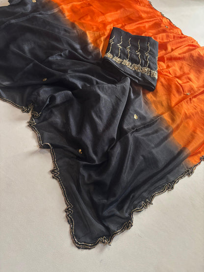 Trendy dyeing Chinon two shades with 3 layers curdana sarees