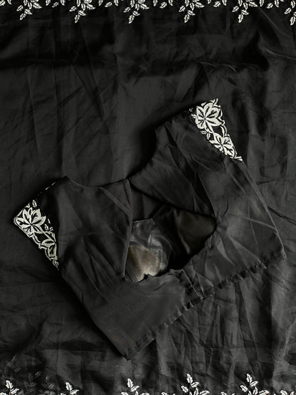 Tabi silk saree with white thread work on saree with stiched blouse