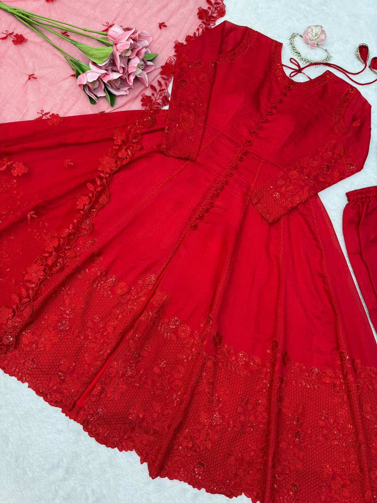 Effortless charm red velvet 3 pieces set Anarakali set