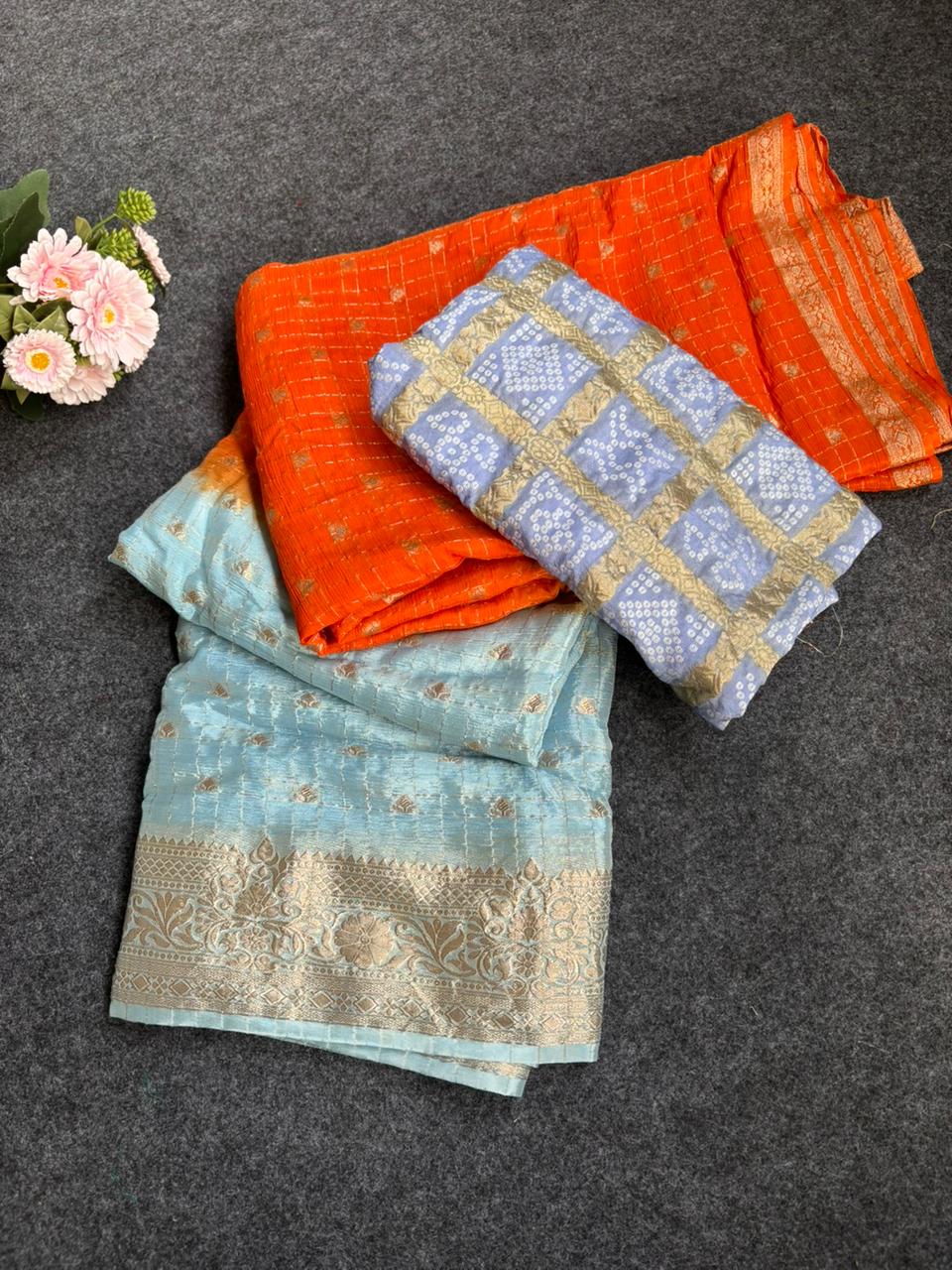 2d shade vintage Chinnon saree with Bandhani  style