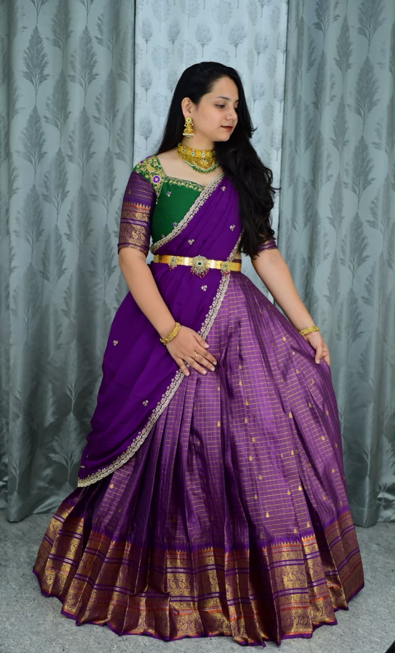 Semi kanchi check maggam work festival lehenga