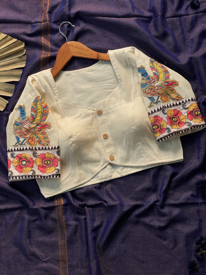 Khadi cotton saree with applic  work  stitches blouse