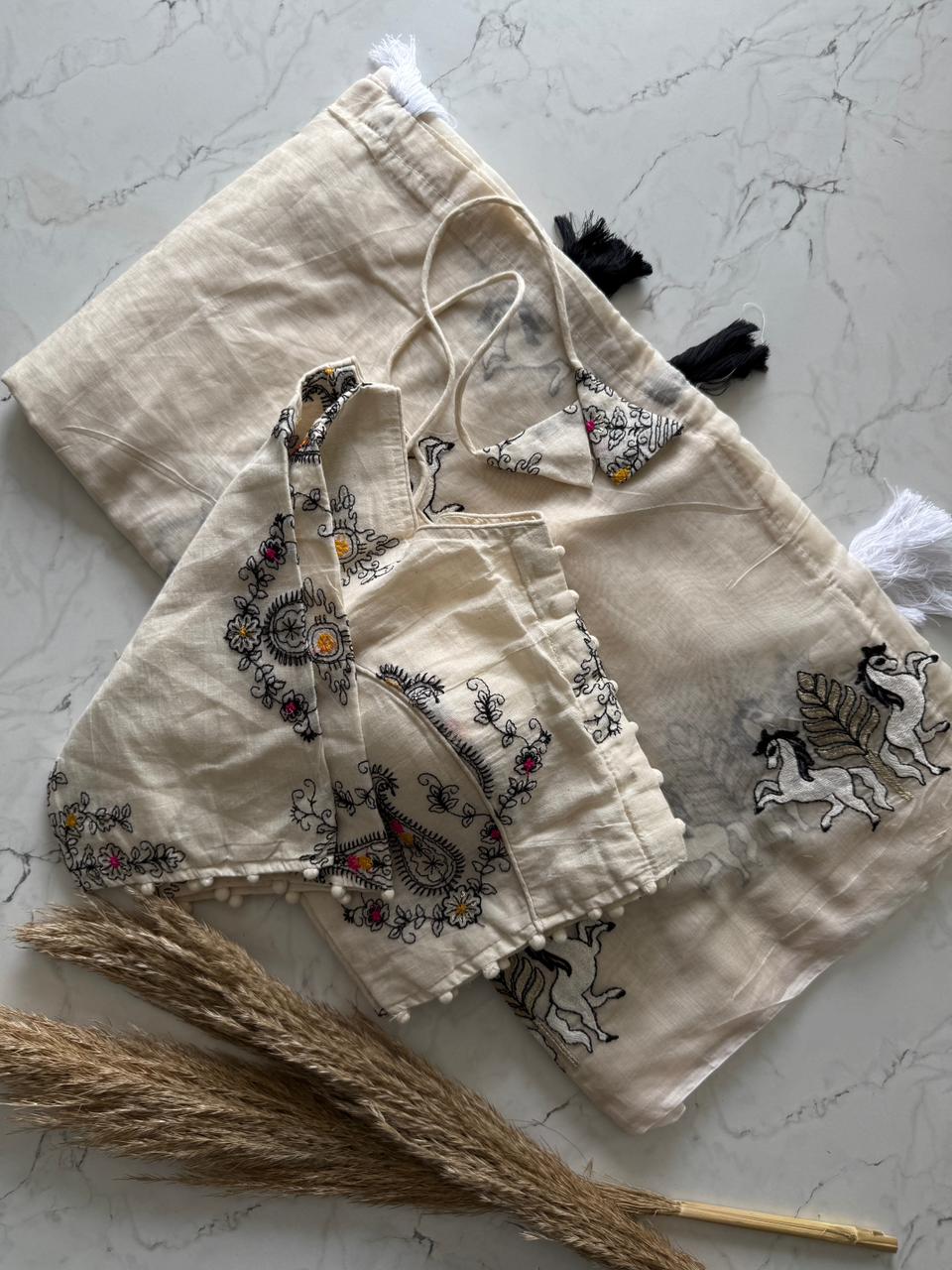 Chanderi Cotton Saree With Multy Thread Cow, Horse Work And Cotton Tussles with stitched blouse
