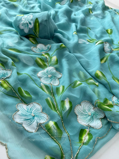 Budget chiffon Handpaint with heavy hand work saree
