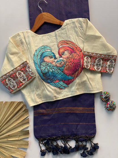 Khadi cotton saree with applic  work  stitches blouse