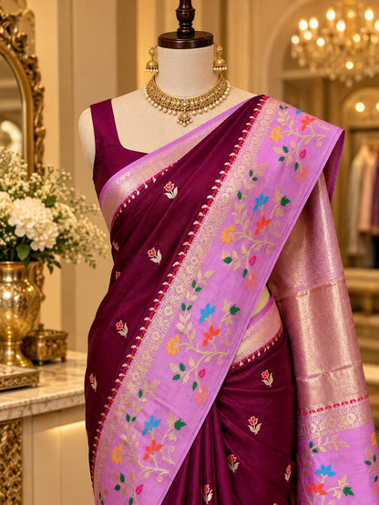 Budget Banarasi Katan Silk Saree with Contrast Alfi Border
